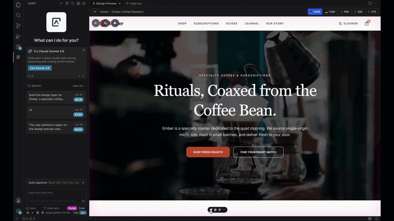 Editing a UI with AI on Caret's live canvas