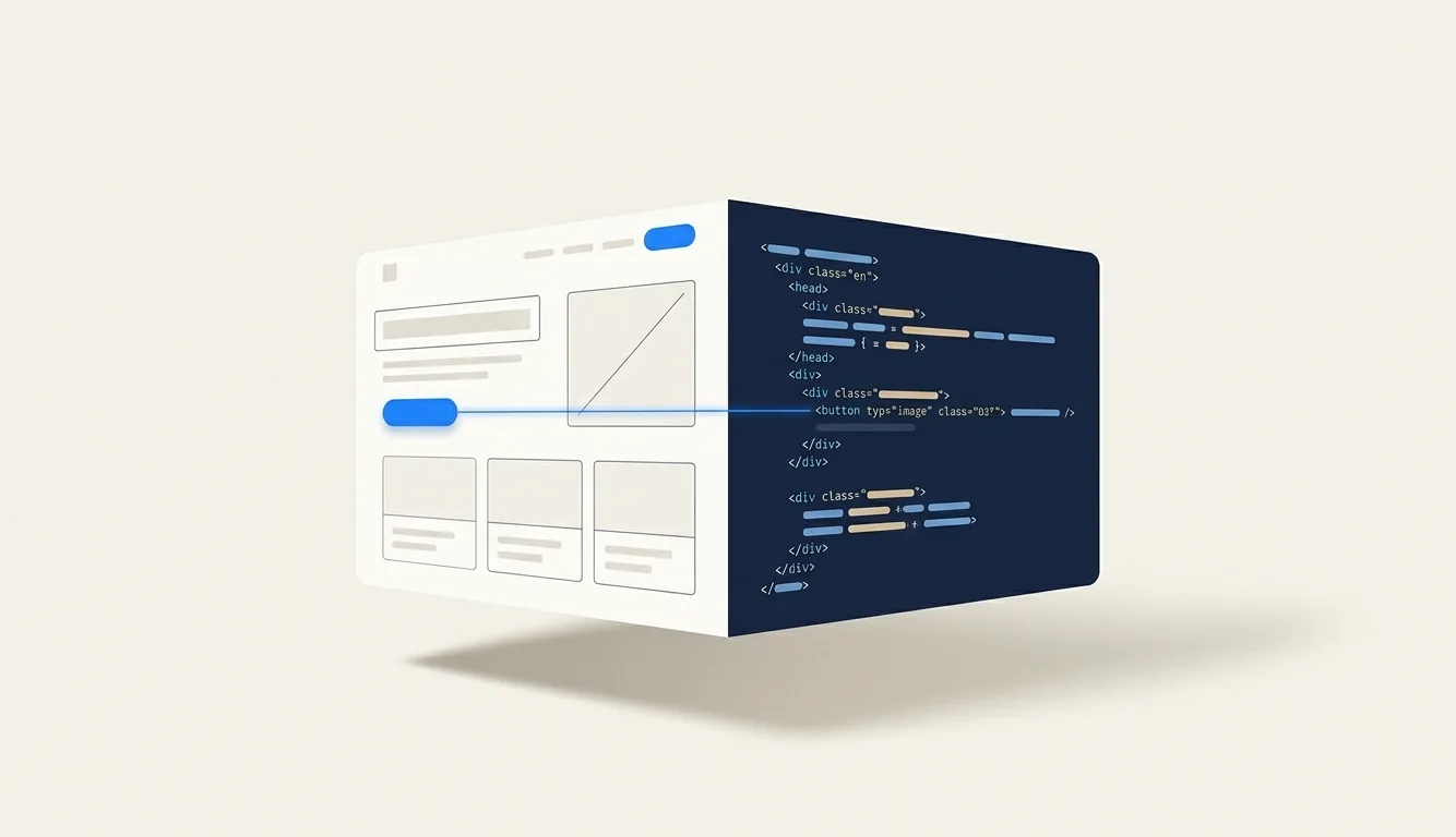 One surface that is a web page design on one side and its code on the other, with the button joined to its line of code