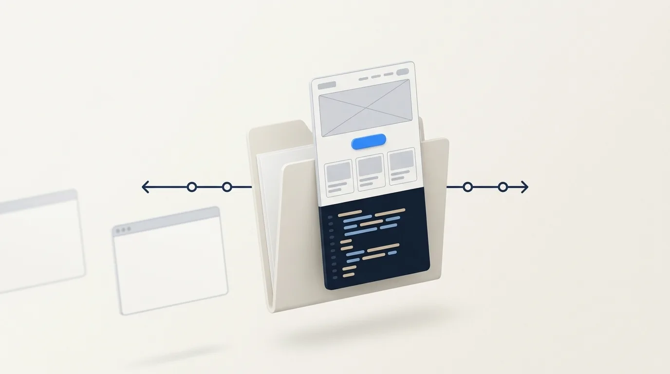 An app design rising out of a project folder and turning into code, while separate design-tool windows drift away